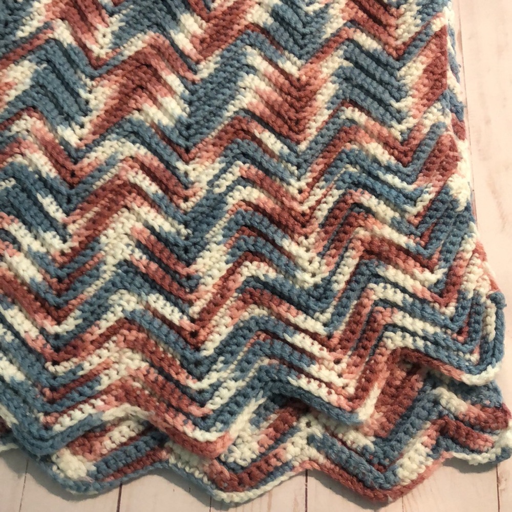Homemade crocheted chevron blanket 57 x 72 Red white and blue patriotic like new